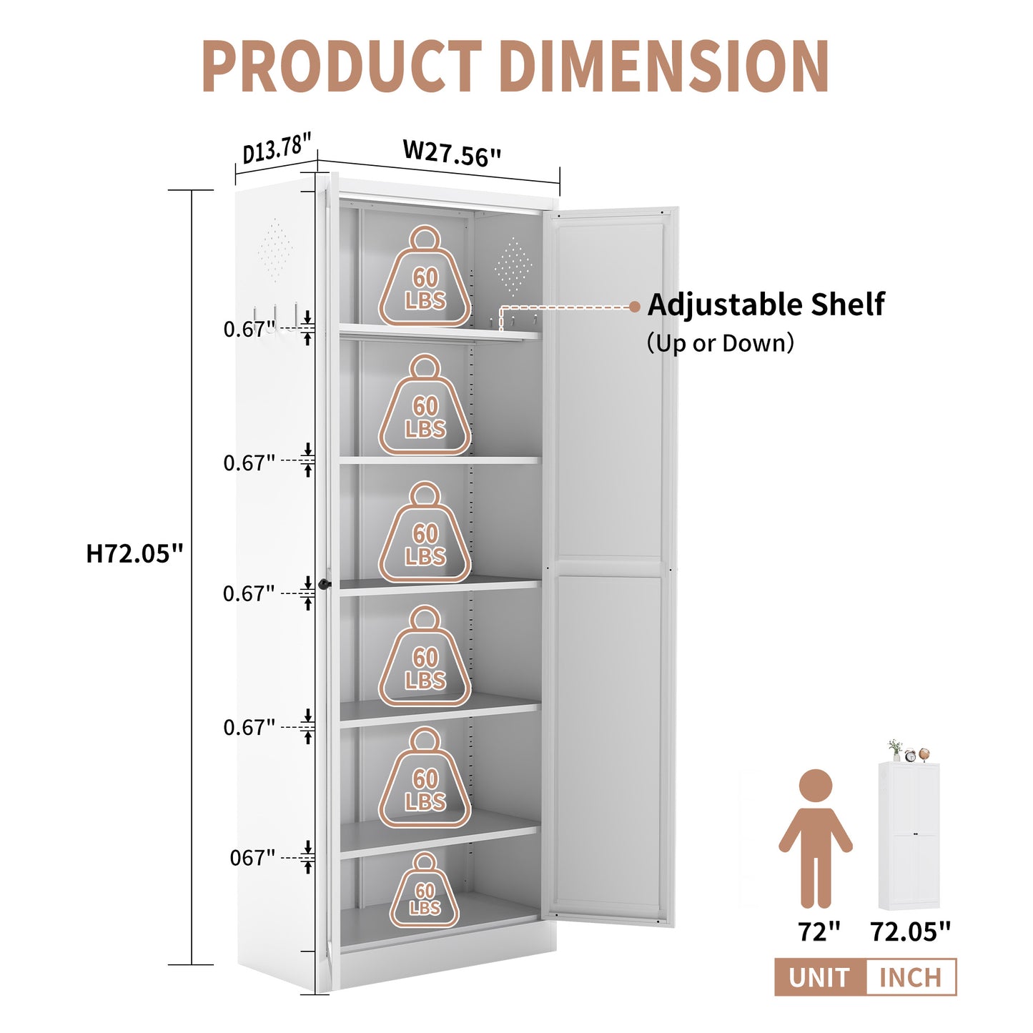 72" White Metal Kitchen Pantry Cabinet - Heavy-Duty Storage Organizer with 5 Adjustable Shelves