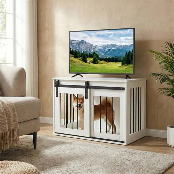 Dog Crate Furniture with Sliding Barn Door - 31.5 Inch Wooden Indoor Kennel & End Table - White