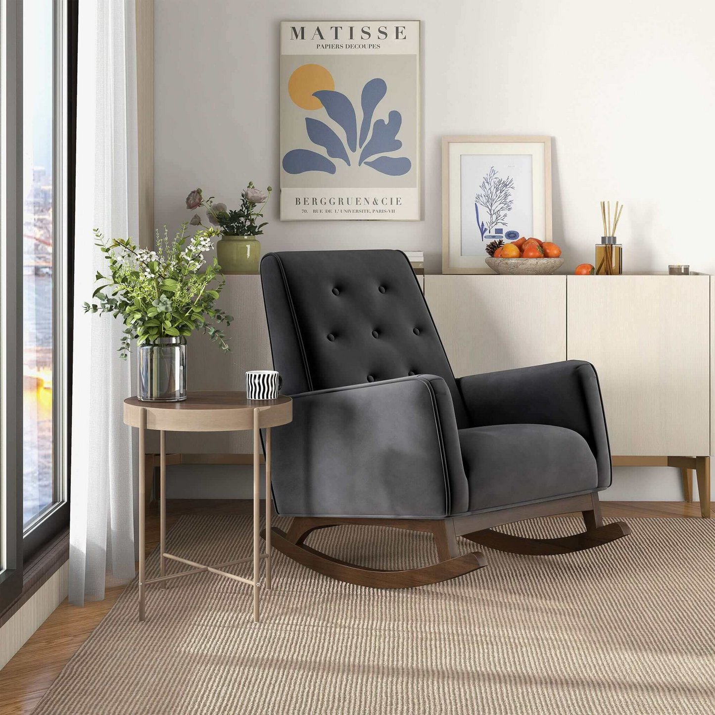 Elegant Style Demetrius Dark Grey Fabric Rocking Chair With Solid