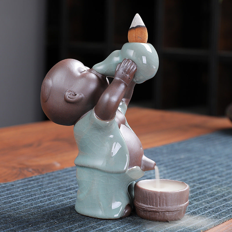 Chinese Backflow Incense Burner with Cracked Ice Boy Ceramic Decor for Aromatherapy