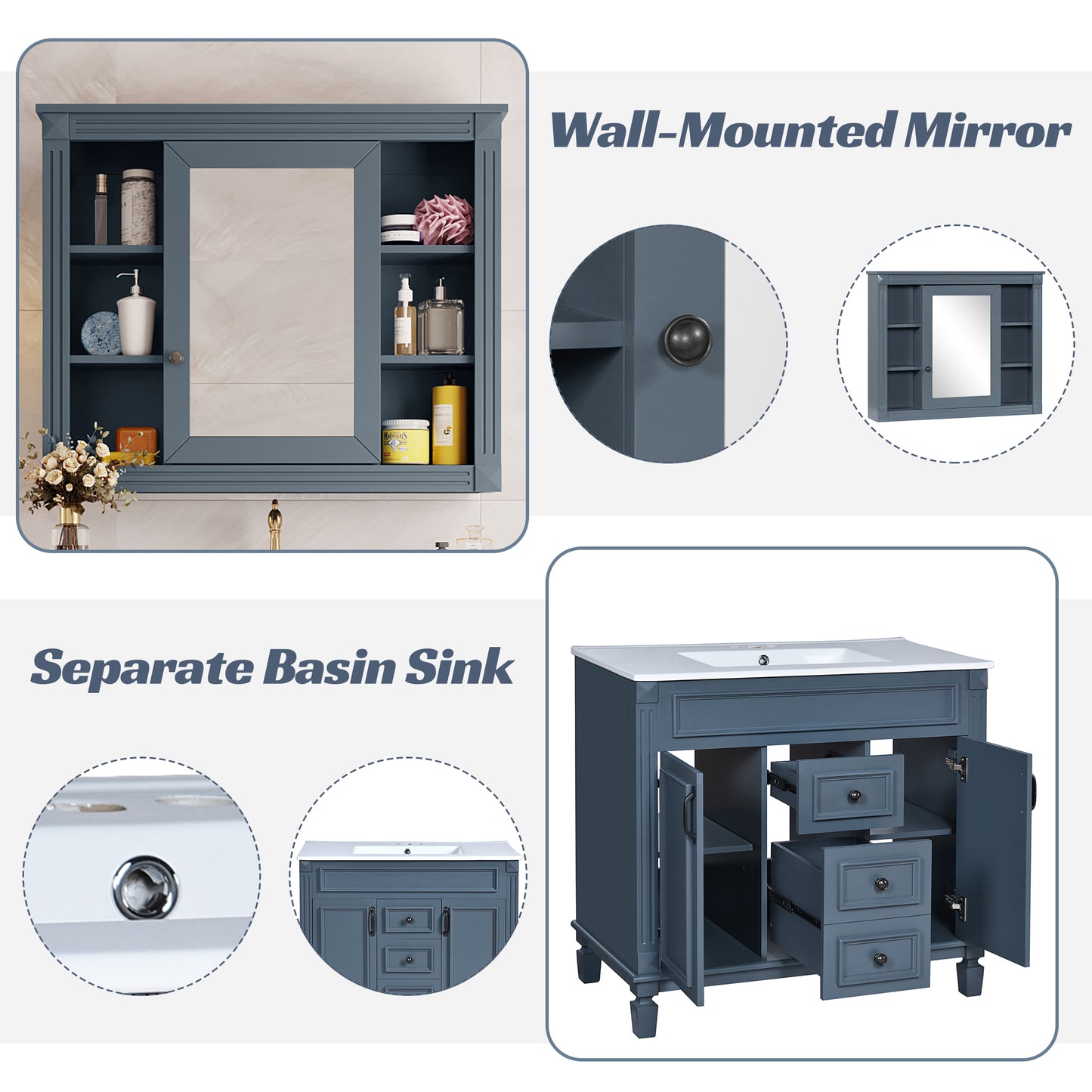36'' Modern Bathroom Vanity with Blue Sink & Mirror Cabinet
