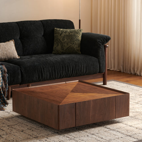 35.4-Inch Square Coffee Table - Modern Walnut Wood Design