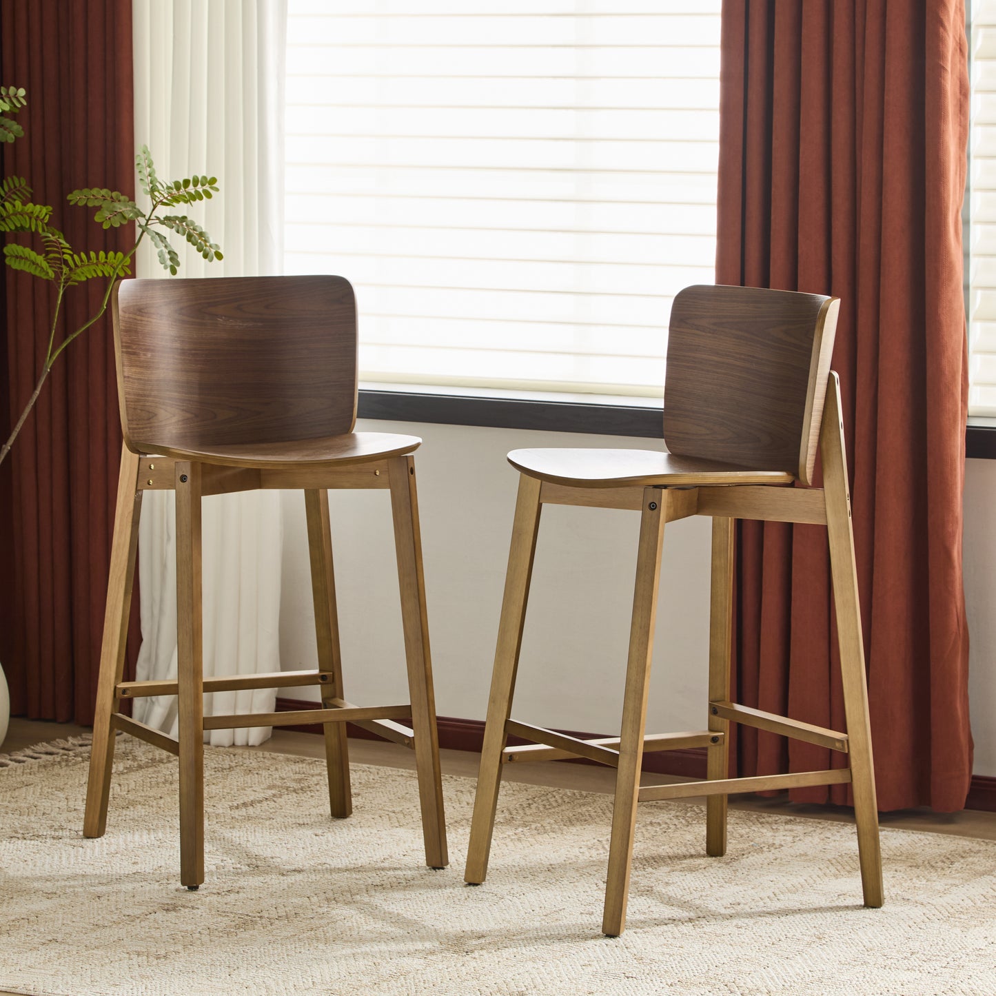Pari Indoor Wooden Barstool, Walnut Finished, Set Of 2
