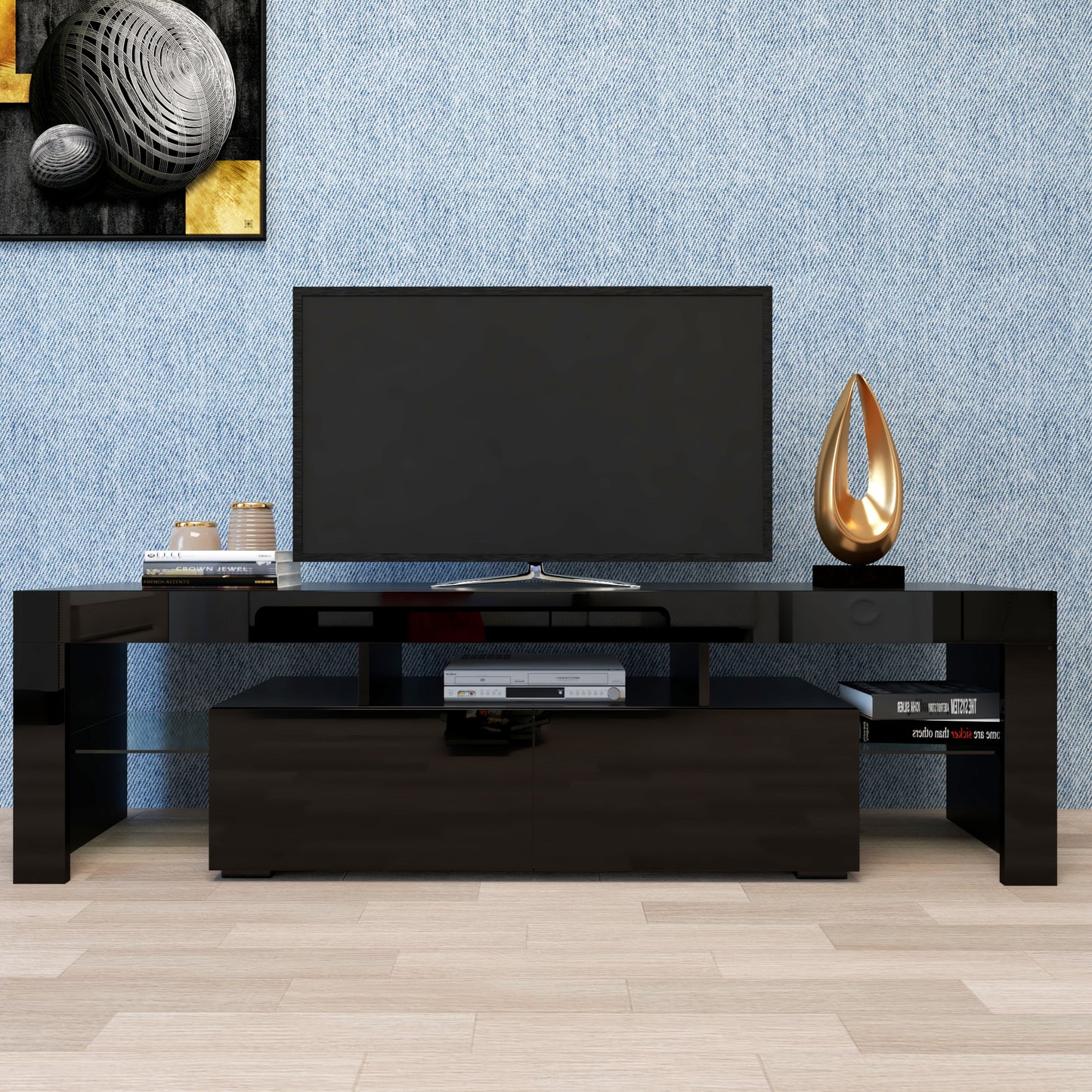 Modern Black TV Stand with LED Lights & Remote Control - 63"