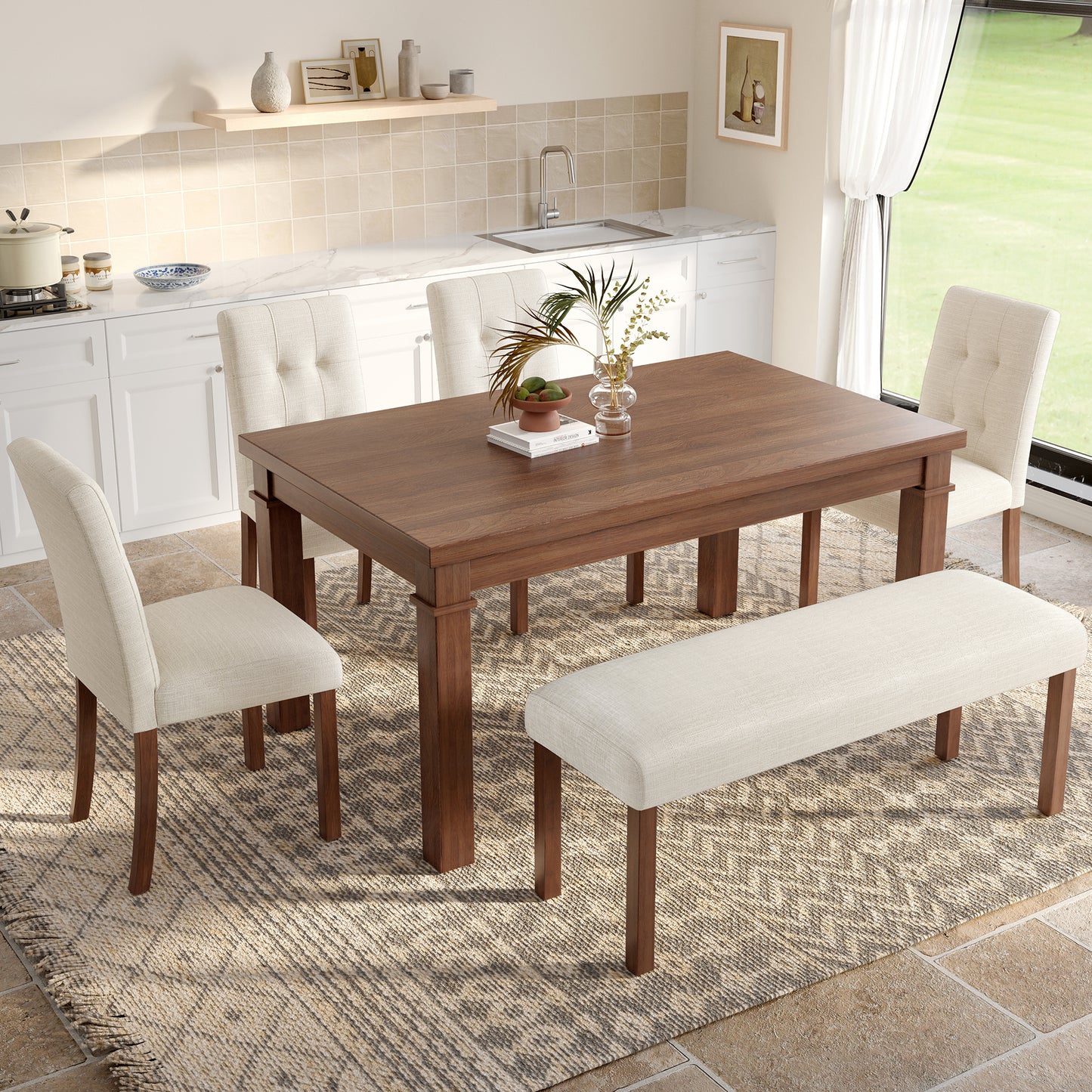 6-Piece Modern Dining Set, Rectangle Kitchen Table With 4 Upholstered