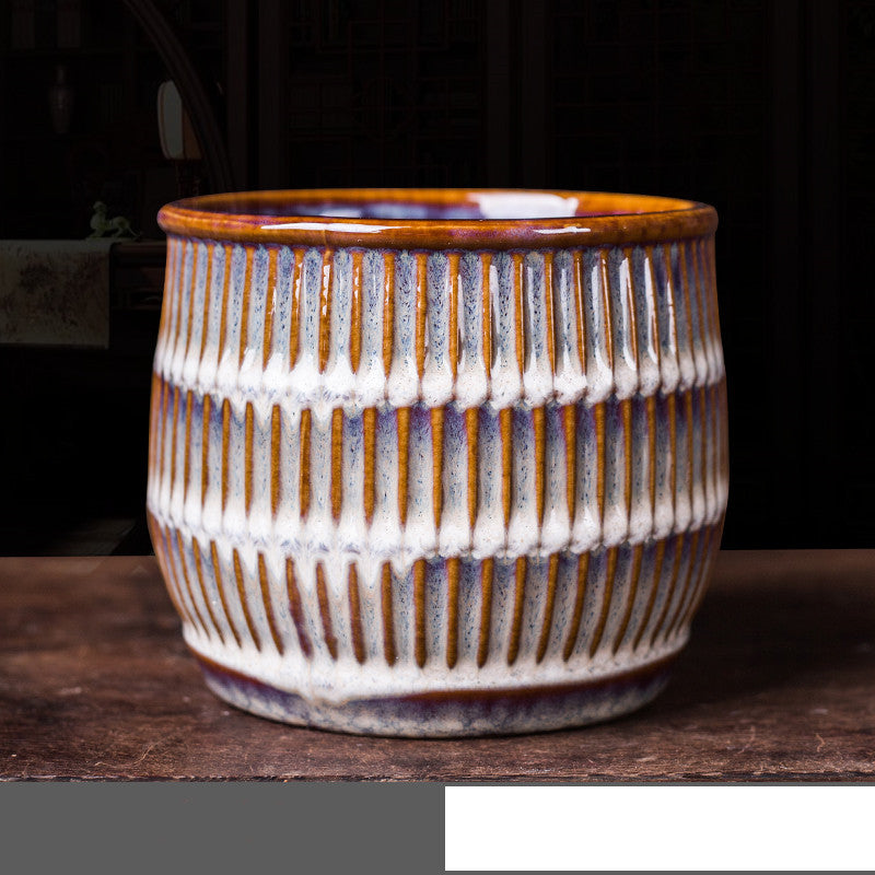 Ceramic Cylindrical Bonsai Pot for Orchids and Green Plants - Chinese Style