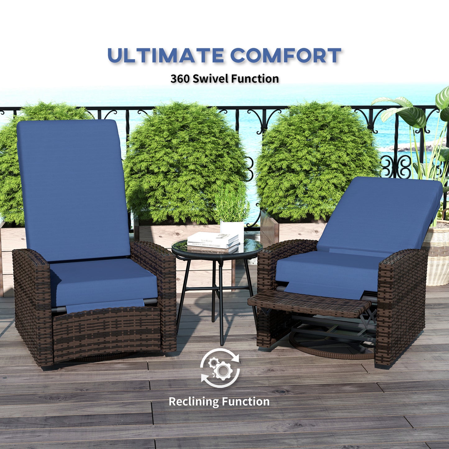 Outdoor Wicker Swivel Recliner Chair with Footrest - Dark Blue