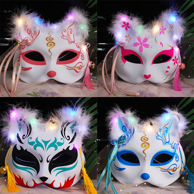 Halloween Party Luminous Feather Fox Mask Two-Faced Cat Face Mask
