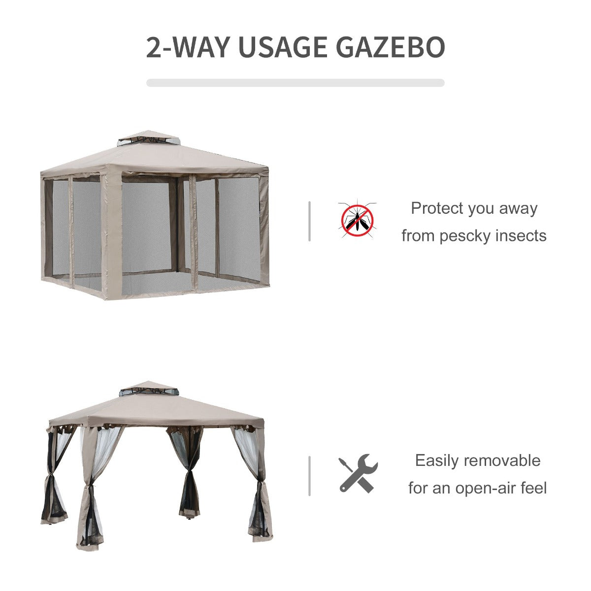 10x10 Outdoor Gazebo Tent with Vented Roof & Netting - Taupe