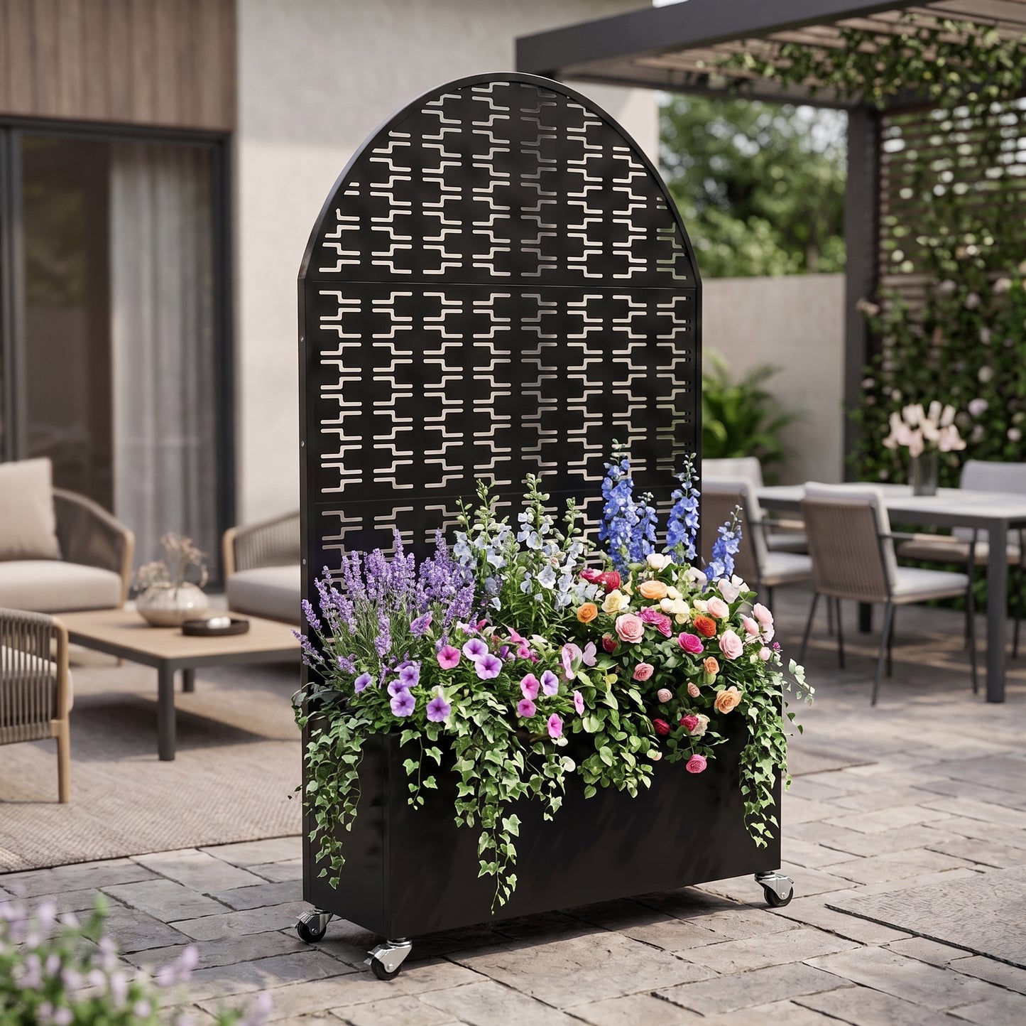 Arched Decorative Privacy Screen with Planter Box - Black