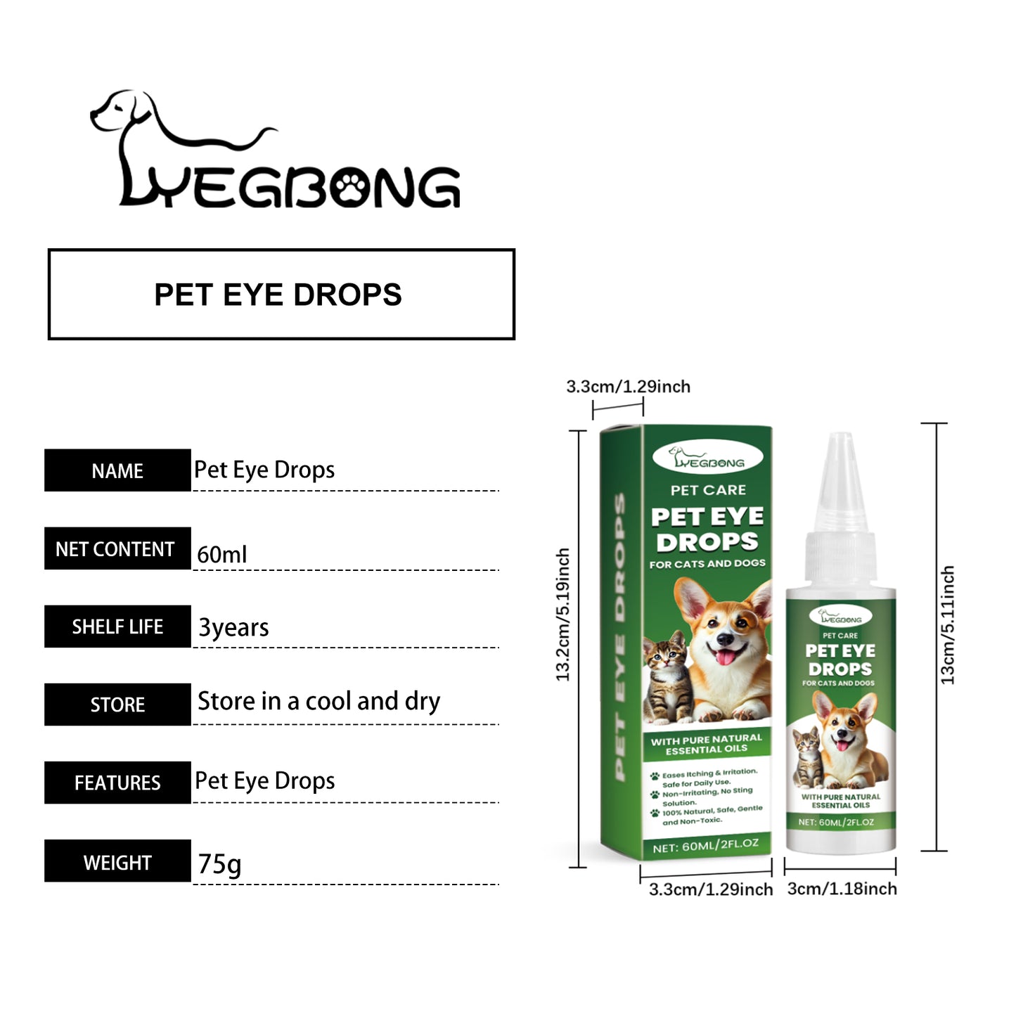 Pet Eye Drops for Dogs & Cats - Gentle Eye Care with Sodium Hyaluronate & Vitamin E, 60ml