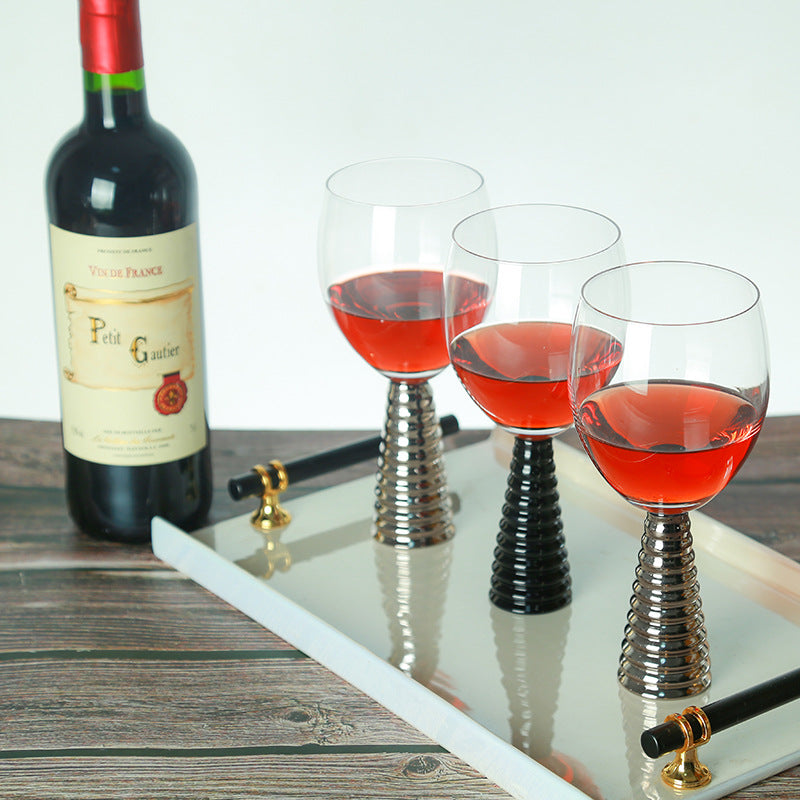 Decorative Wine & Champagne Glass Goblet Set - Threaded Black, Silver & Gold Options