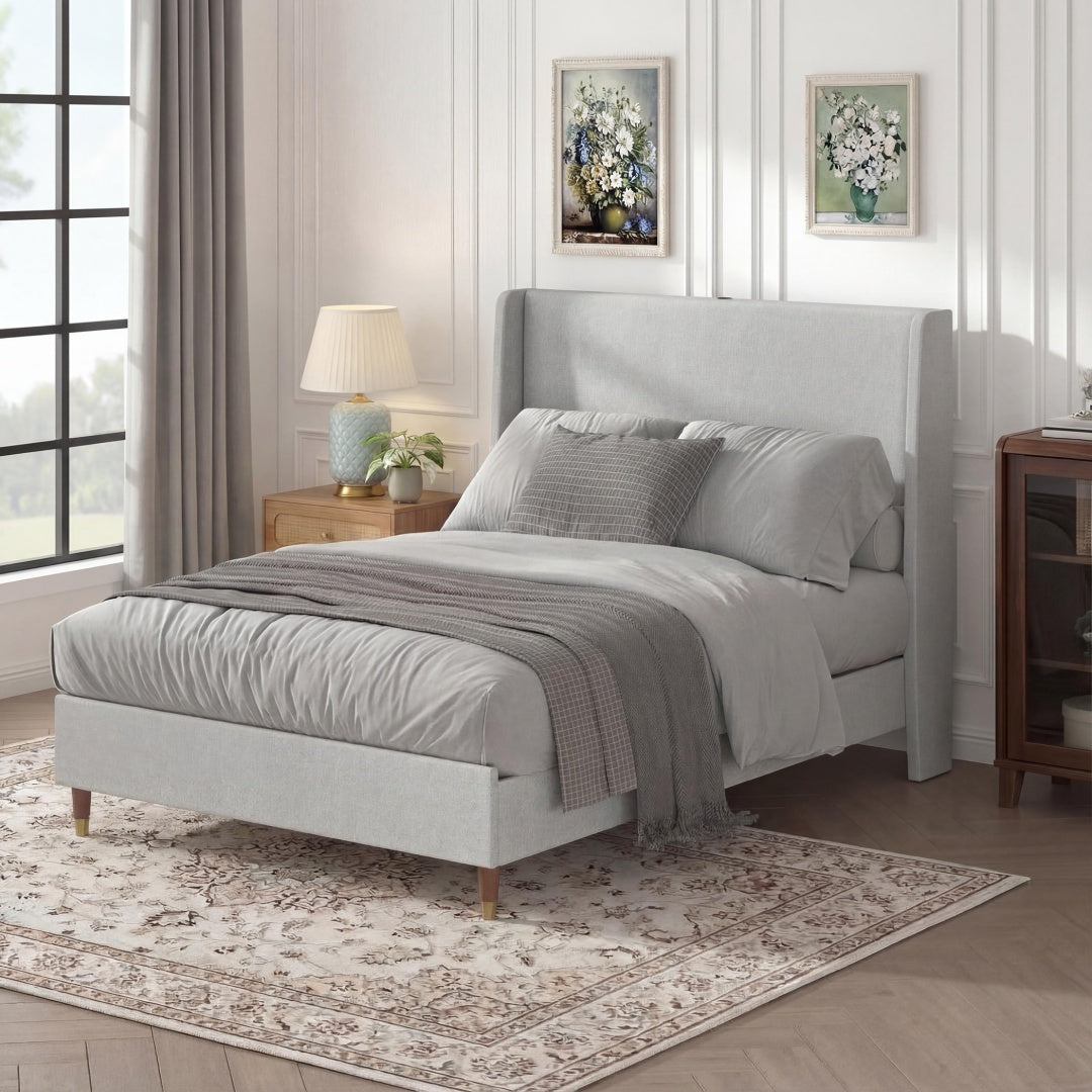Full Size Upholstered Bed Frame with USB Charging Ports - Grey