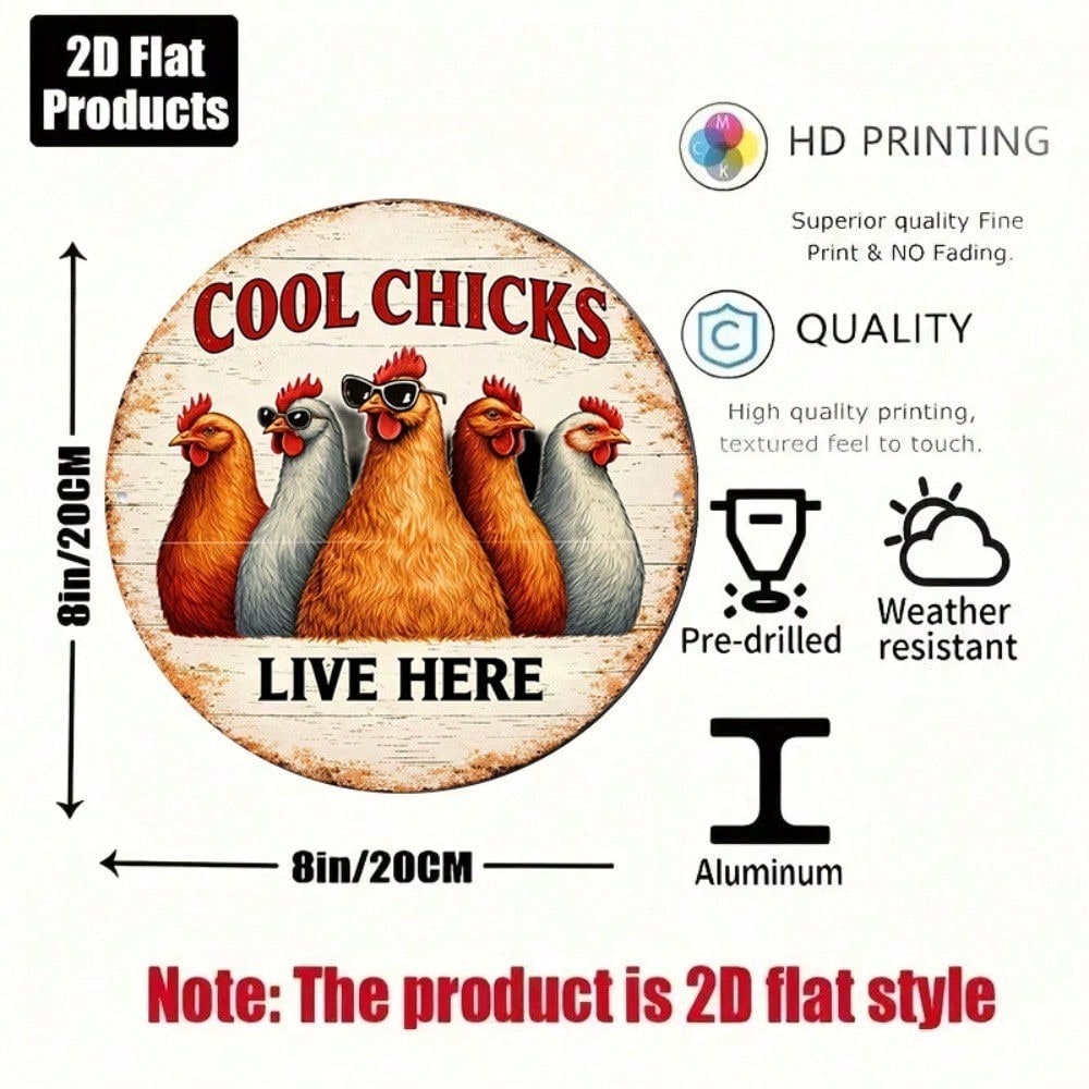 Funny Chicken Round Sign - Retro Farmhouse Decor - 8x8in Tin