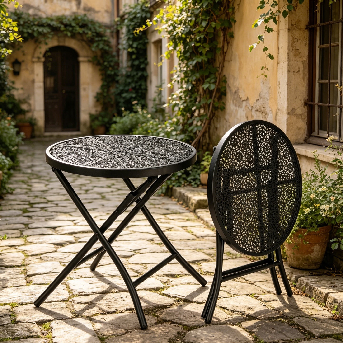 Folding Outdoor Side Table - Round Metal Nightstand, Black