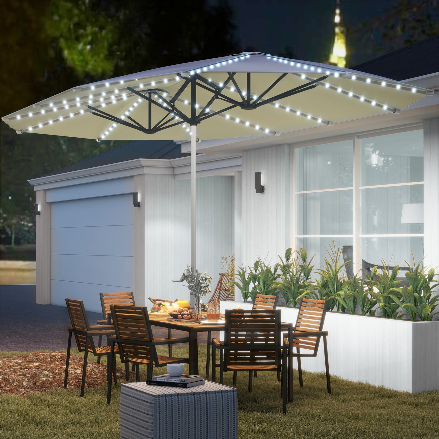 15ft Double-Sided Outdoor Umbrella with Solar Lights - Cream White