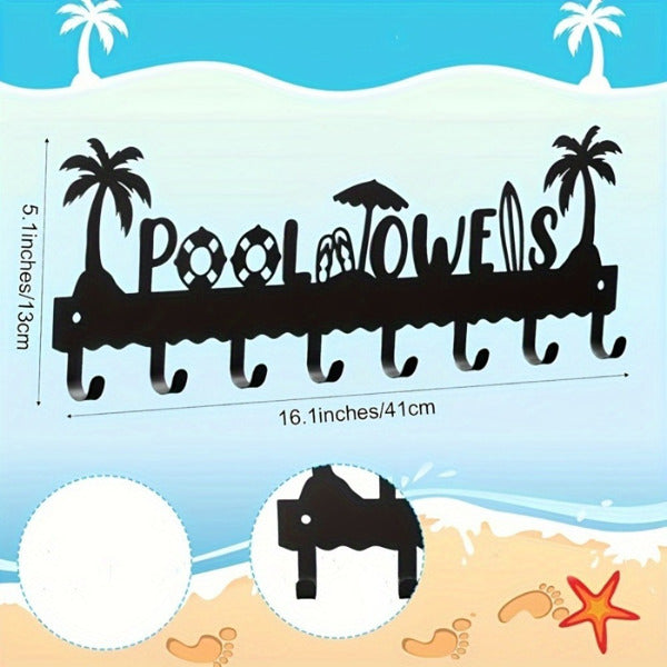 Handmade Iron Pool Towel Rack with 8 Hooks - Black