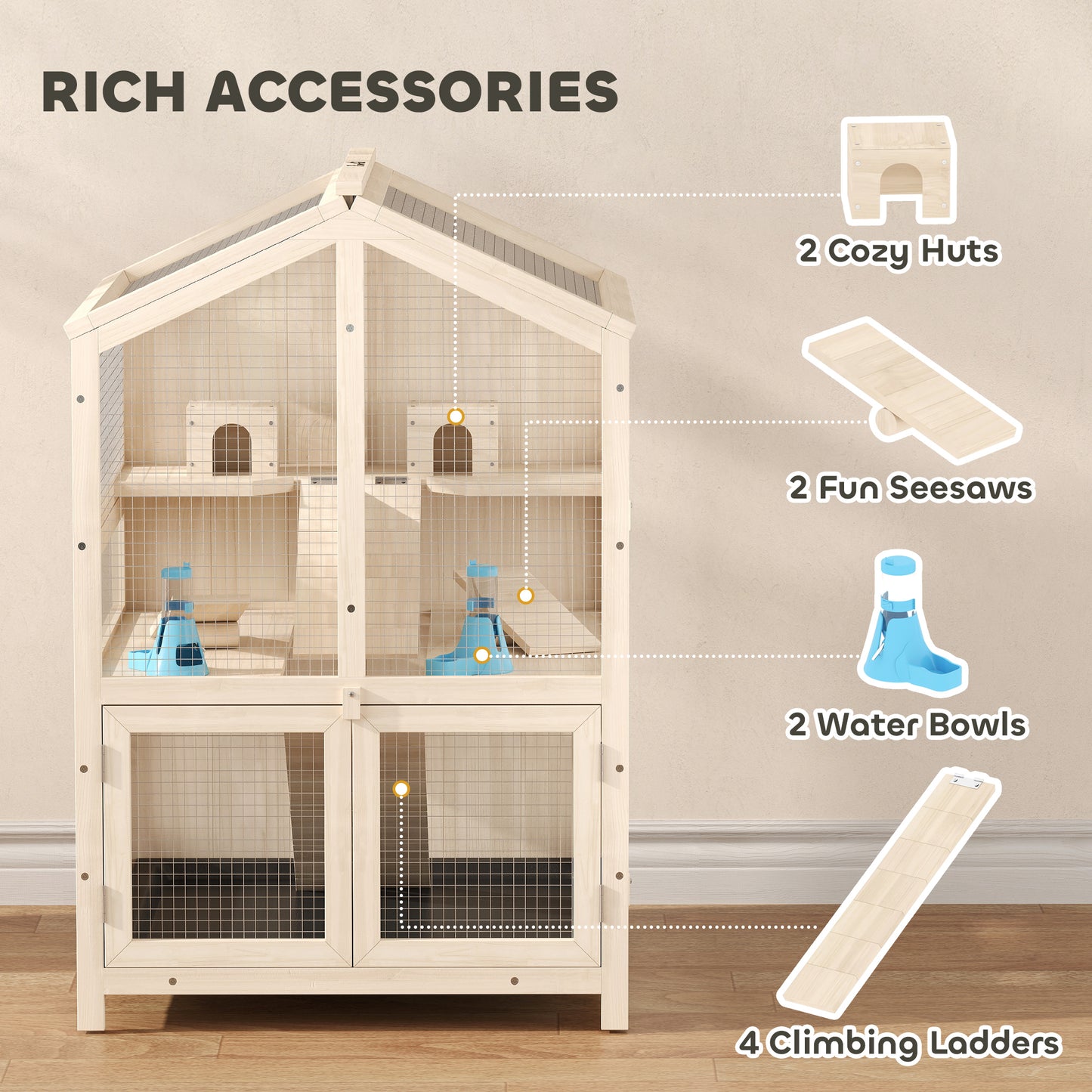 Large Wooden Hamster Cage 3-Tier with Pull-Out Tray & Openable Top