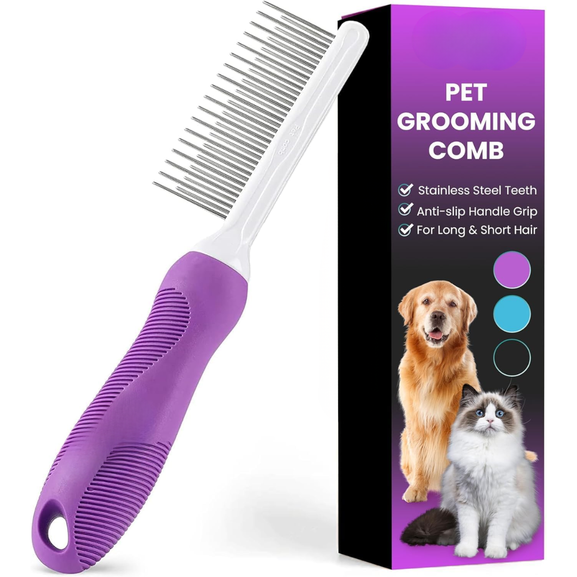 Pet Comb with Stainless Steel Long & Short Teeth for Detangling & Grooming - Purple