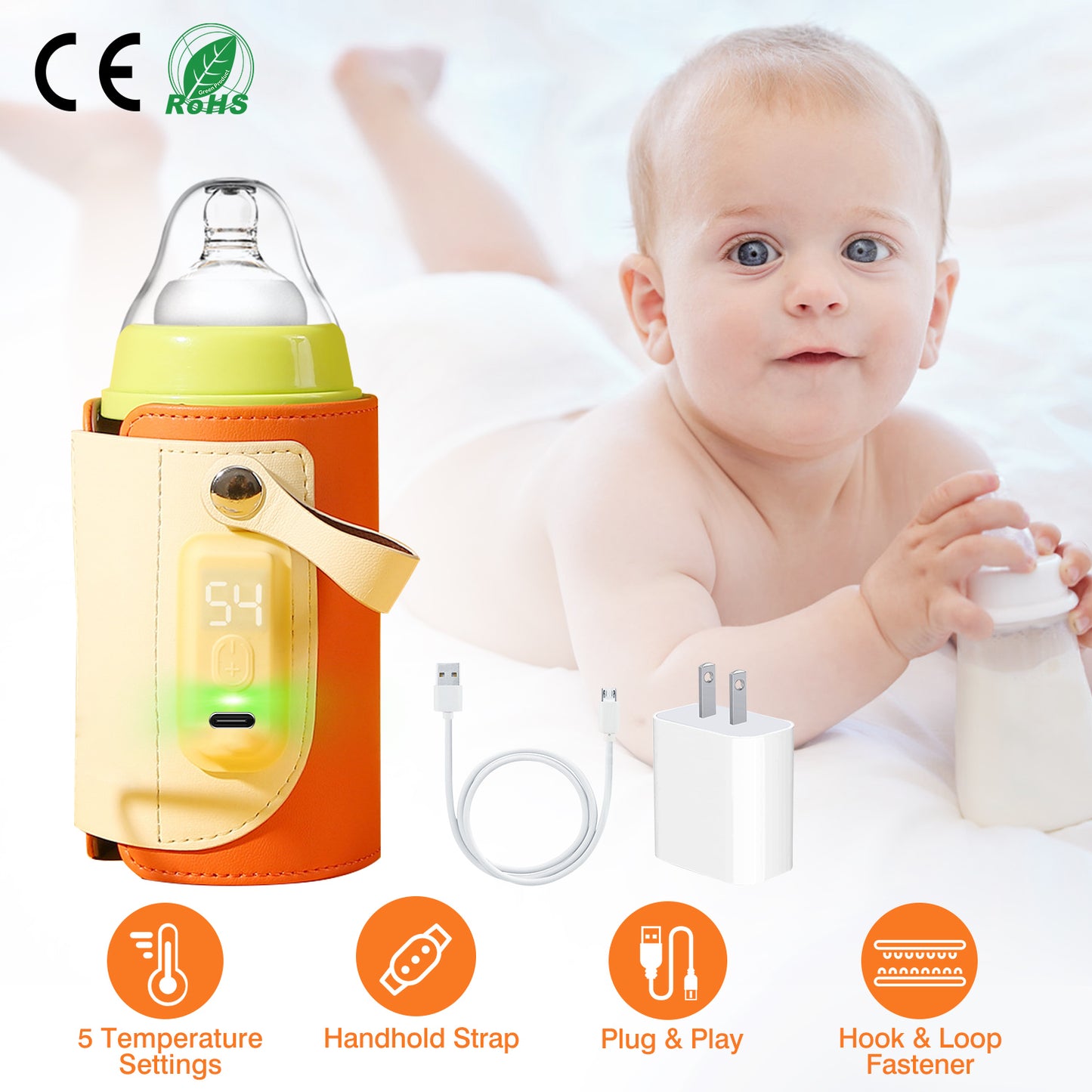 Portable Baby Milk Warmer with 5 Temperature Settings - Orange