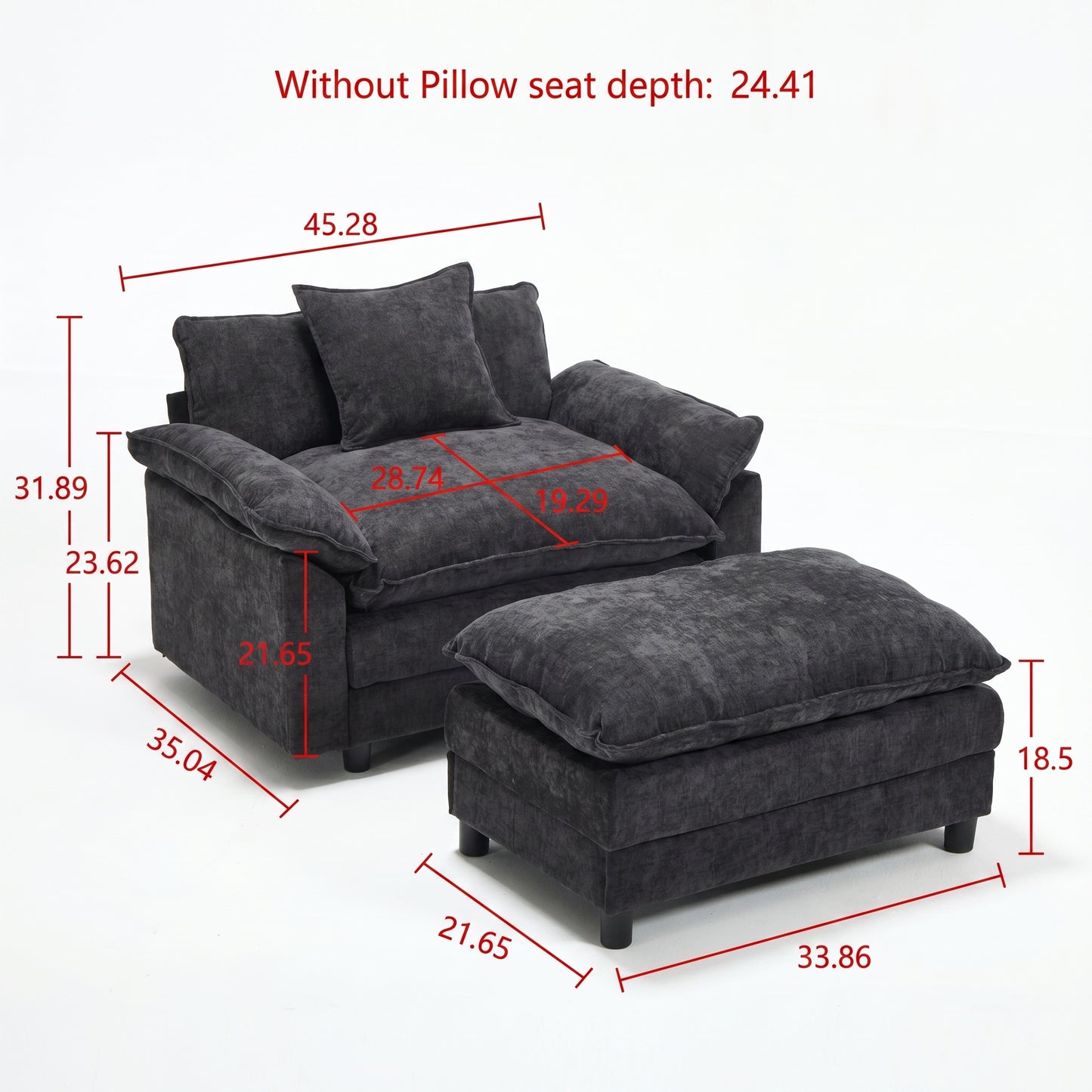 Modern Chenille Accent Chair with Ottoman - Black