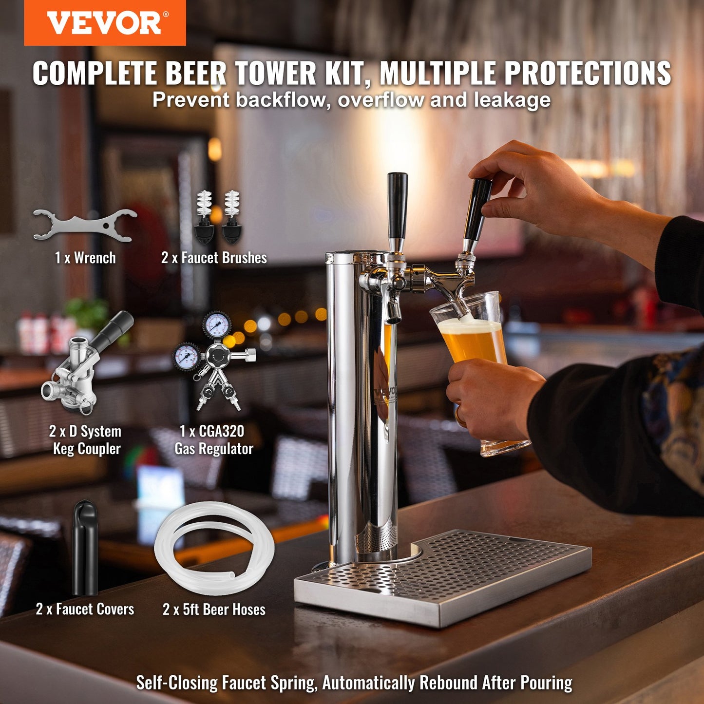Dual Tap Kegerator Tower Kit - Stainless Steel Beer Dispenser