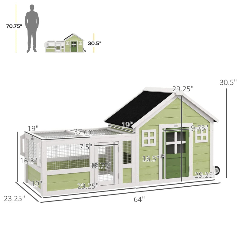 64 Inch Outdoor Rabbit Hutch with Asphalt Roof & Wheels, Multi-Color