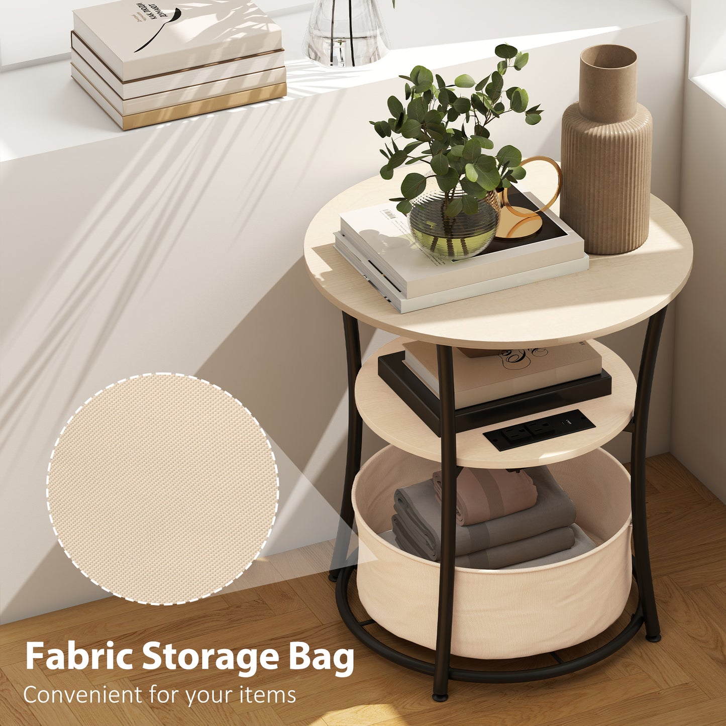 Round End Table with Charging Station & Fabric Storage Bag - Natural Wood