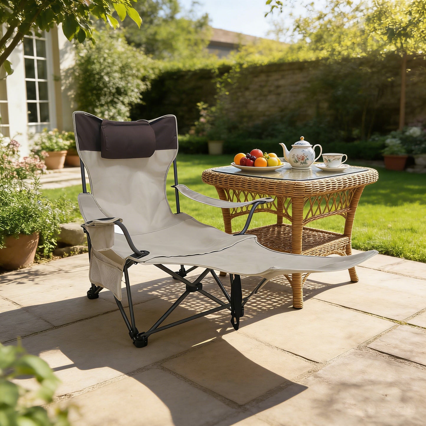 Portable Folding Camping Chair with Cup Holder & Side Pockets - Beige