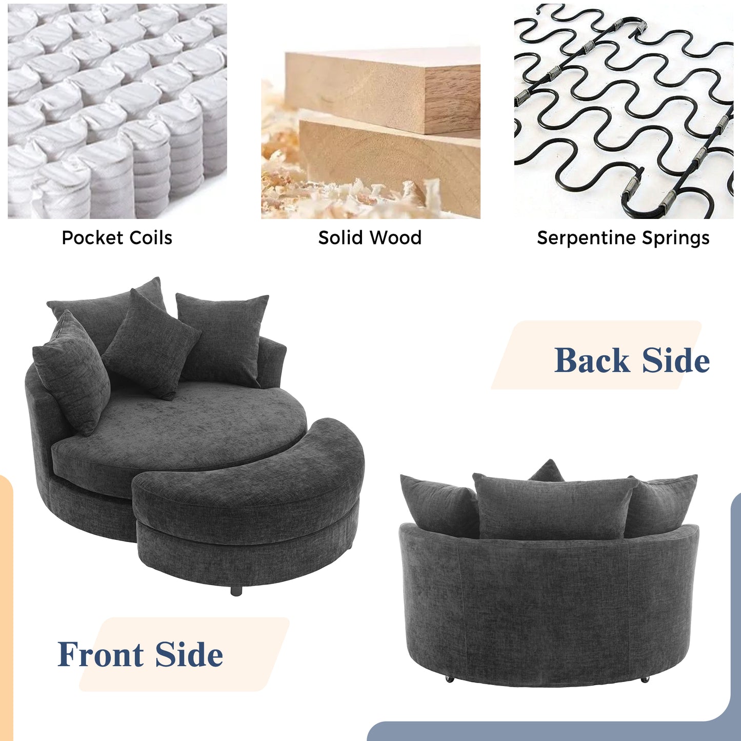 360° Swivel Accent Barrel Chair with Storage Ottoman & 4 Pillows - Gray