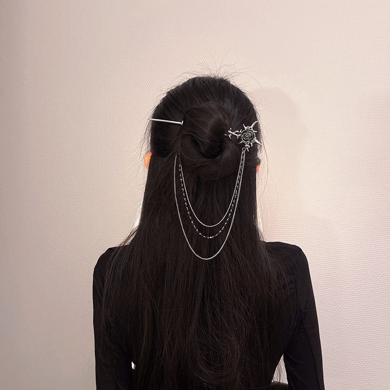 Rose Flower Chain Hairpin - Korean Style Metal Hair Stick