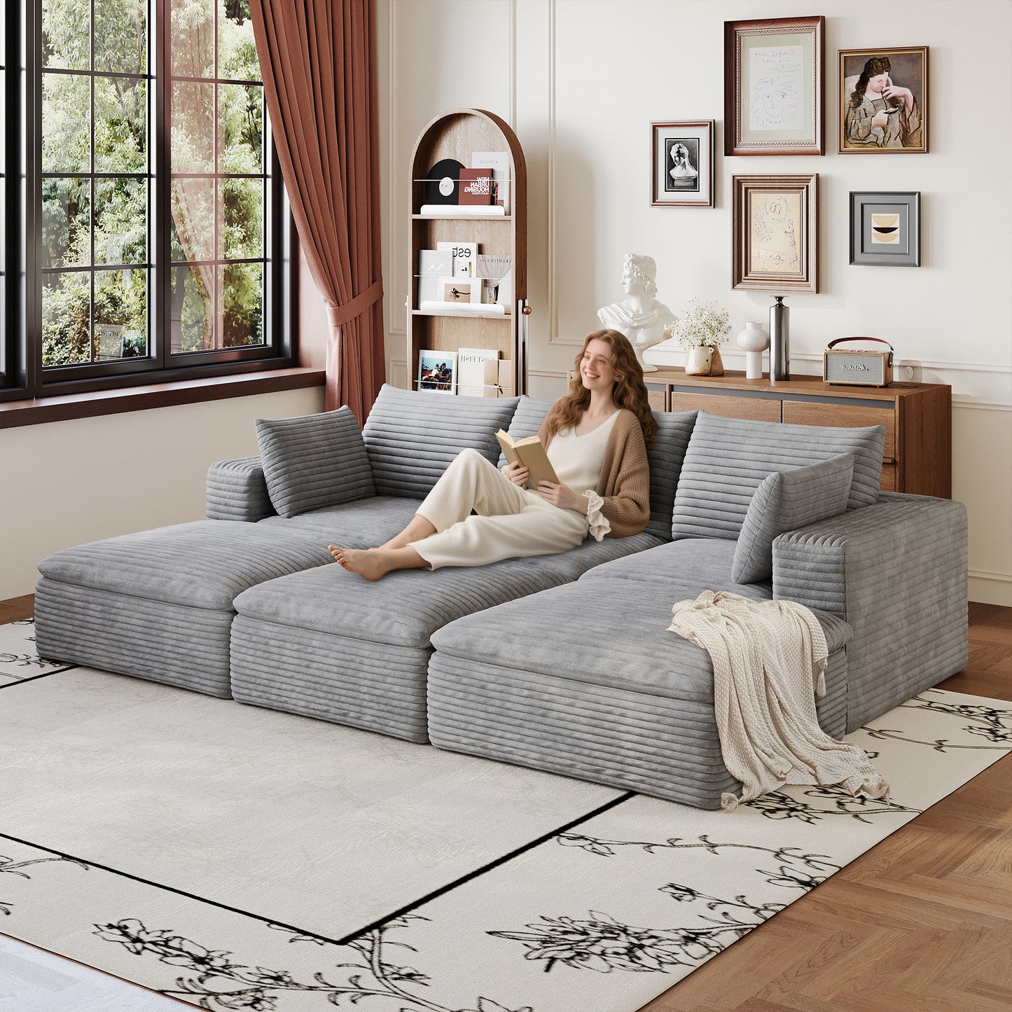 102" Cloud Sofa - Grey Corduroy Fabric, Deep Seat, No Assembly