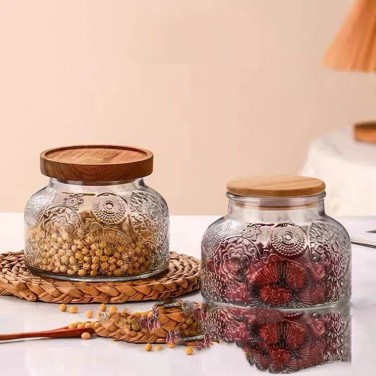 Glass Storage Jar with Wooden or Bamboo Cover - Snack, Tea, Household Sealed Container