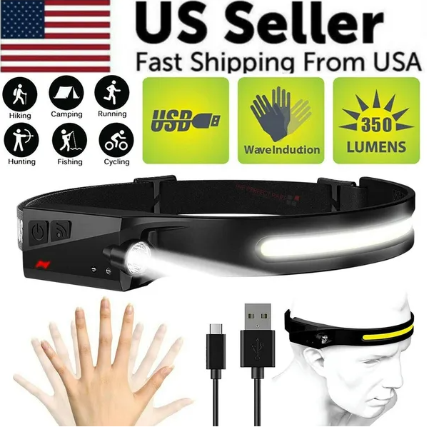 Rechargeable COB LED Headlamp with USB Charger - Work Light, Head Band, Black