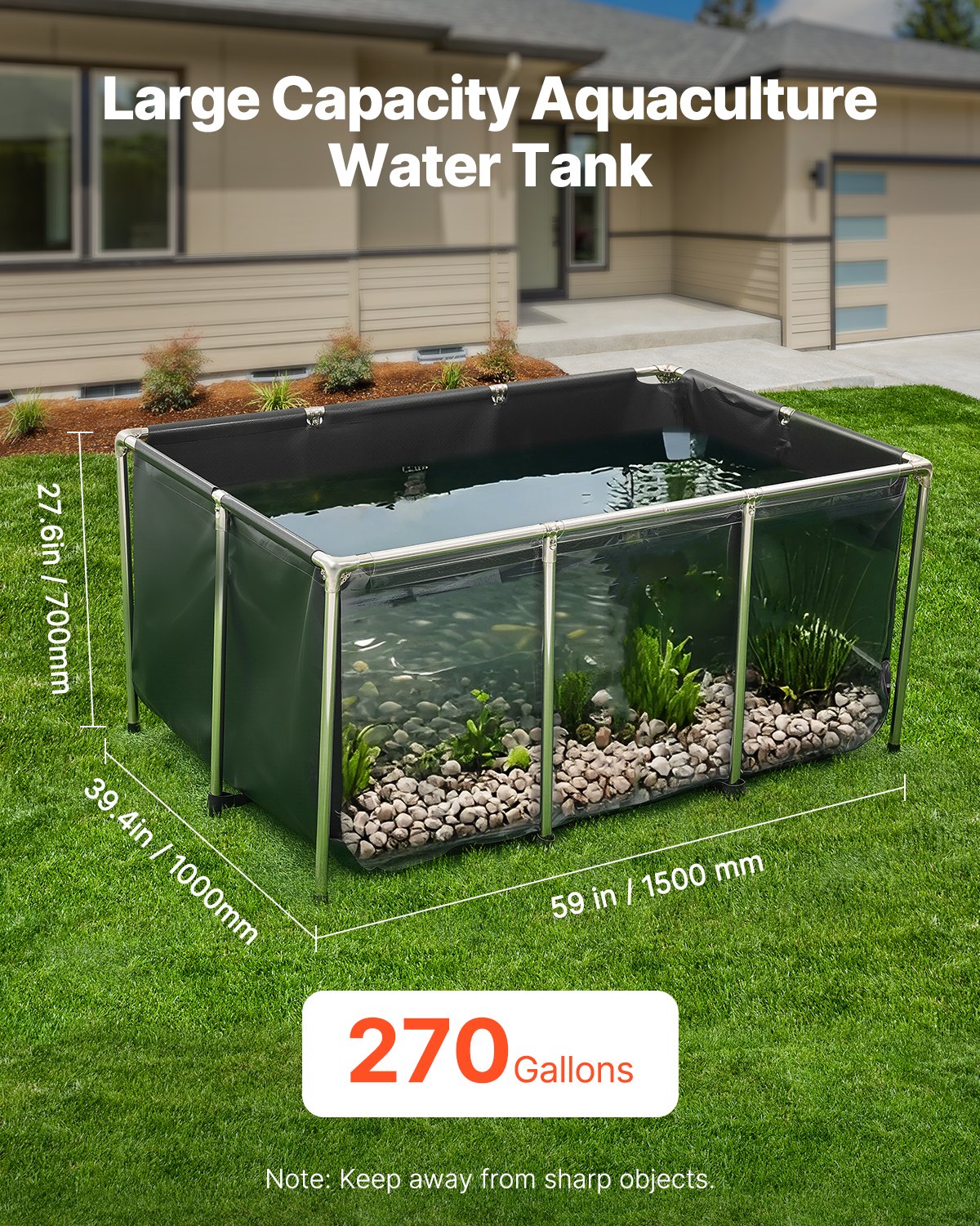 270 Gal Above Ground Fish Pond Tank with Clear Viewing Panel - Durable PVC Frame