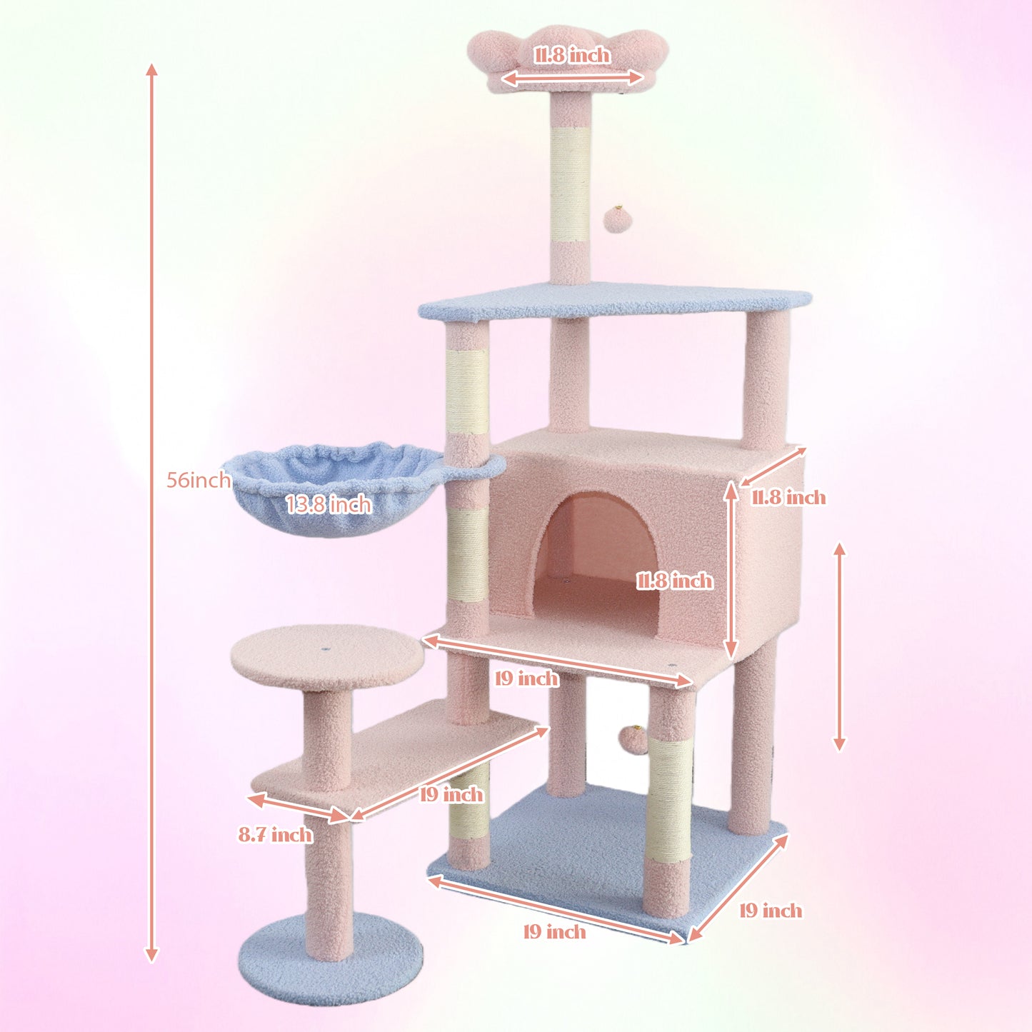 Pink Flower Cat Tree with Large Condo, Removable Cushion & Hammock - 56 Inch Tall
