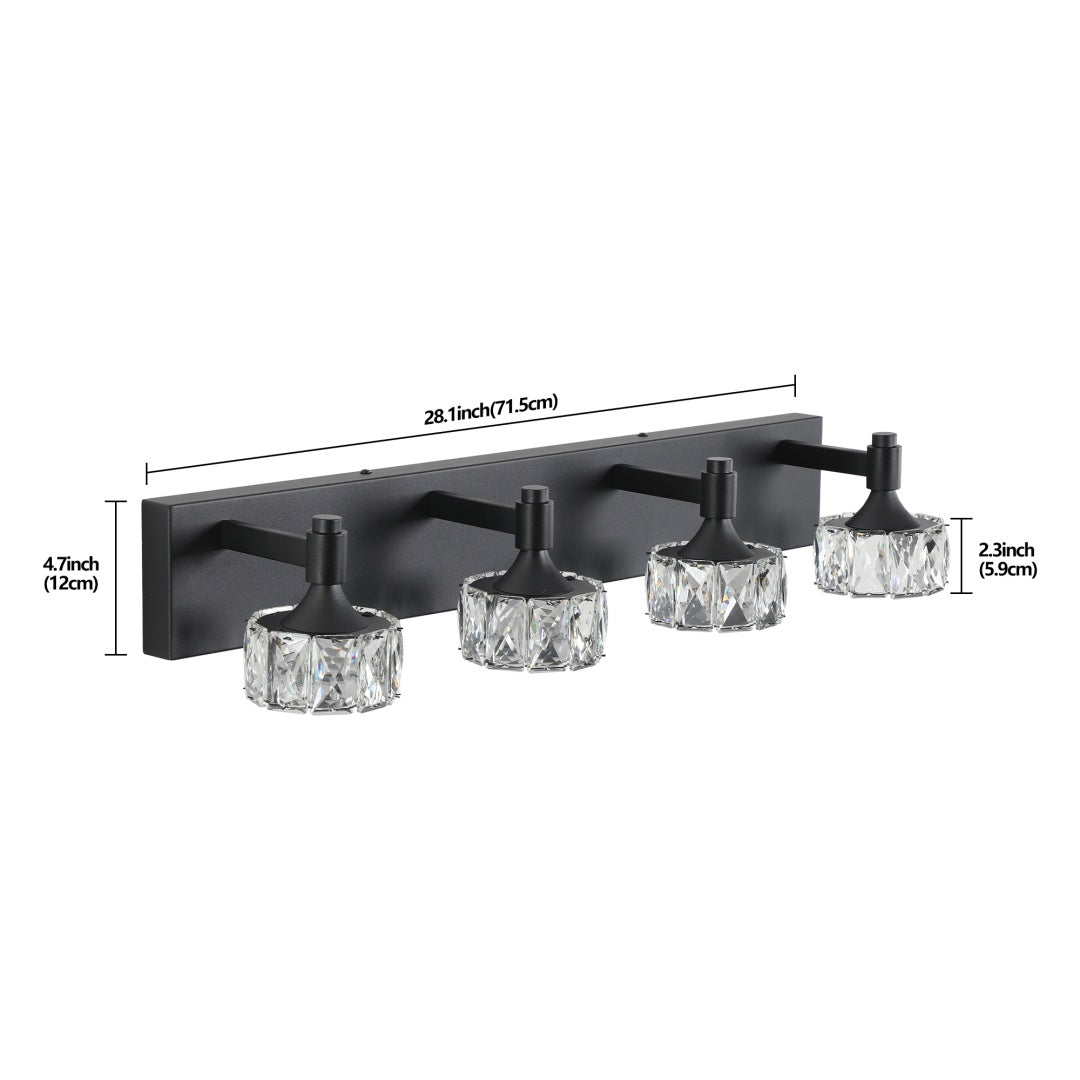 4-Light Matte Black LED Vanity Light Fixture with Crystal Shades
