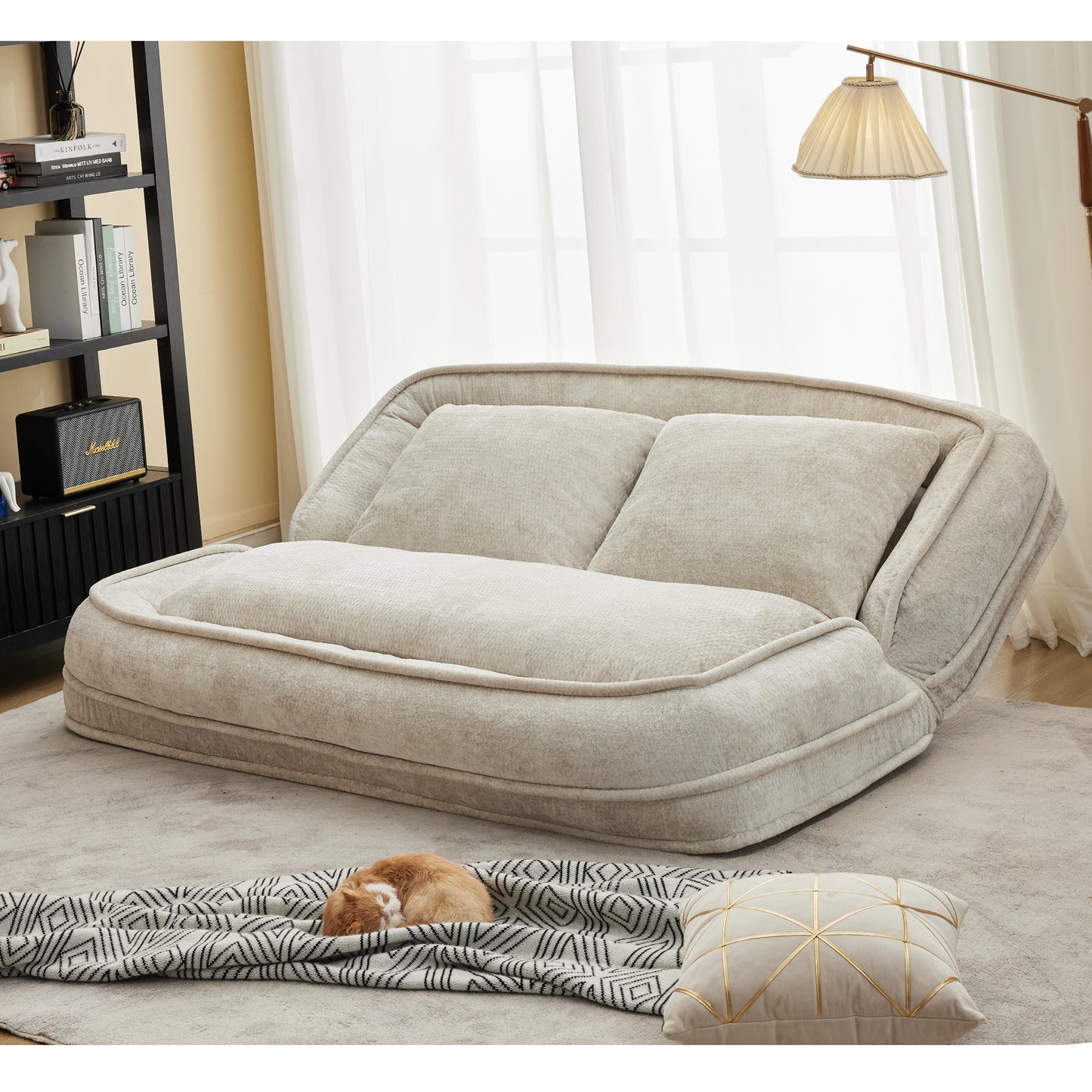 Extra Large Chenille Lazy Sofa Loveseat - Beige 2-in-1 Dog Bed