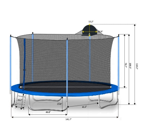 12FT Trampoline with Basketball Hoop - Blue, Outdoor Safety Net