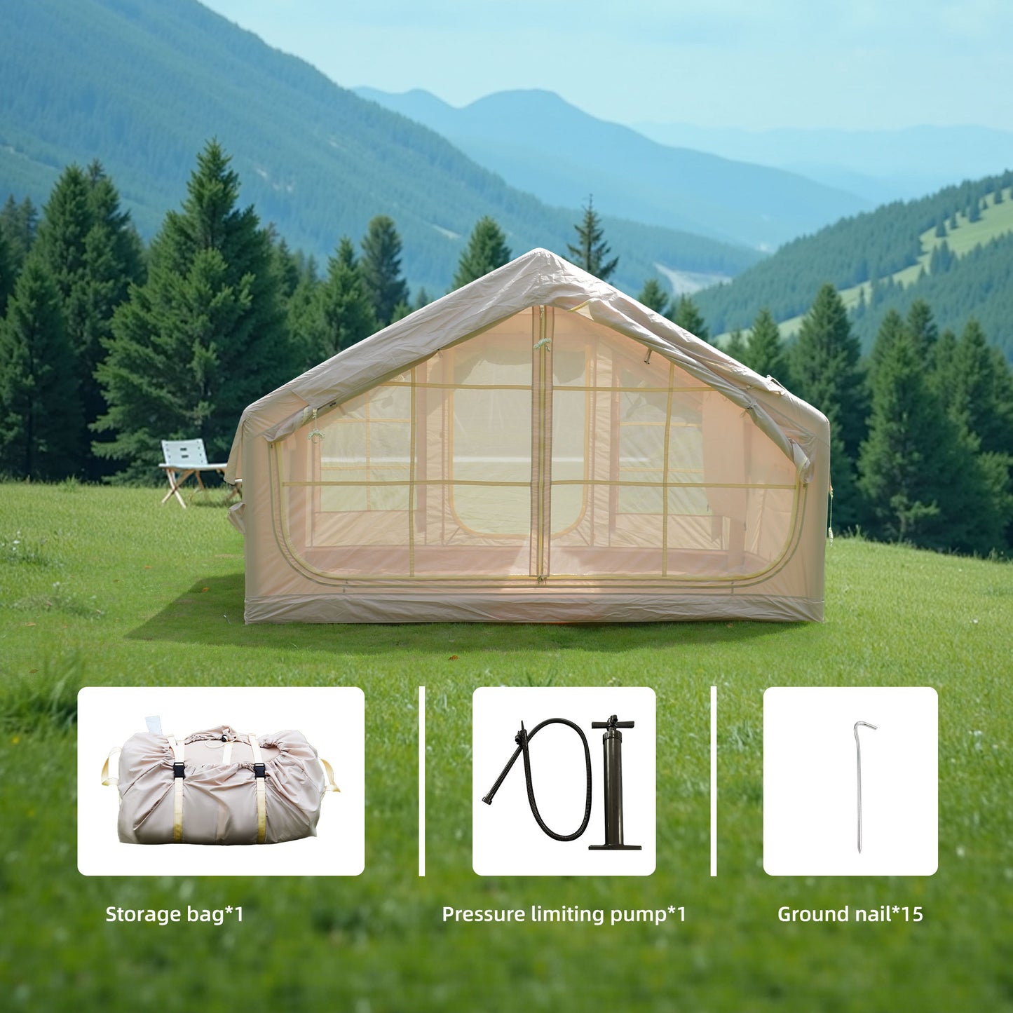 Inflatable 4-Season Camping Tent - Waterproof & Windproof - Beige