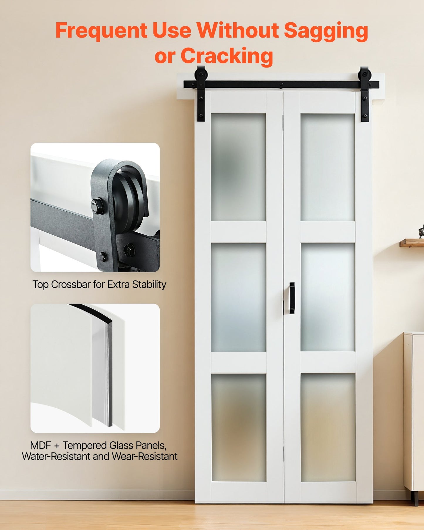 Bifold Barn Door 36x84 Inches with Tempered Glass - Space-Saving Closet Door, White
