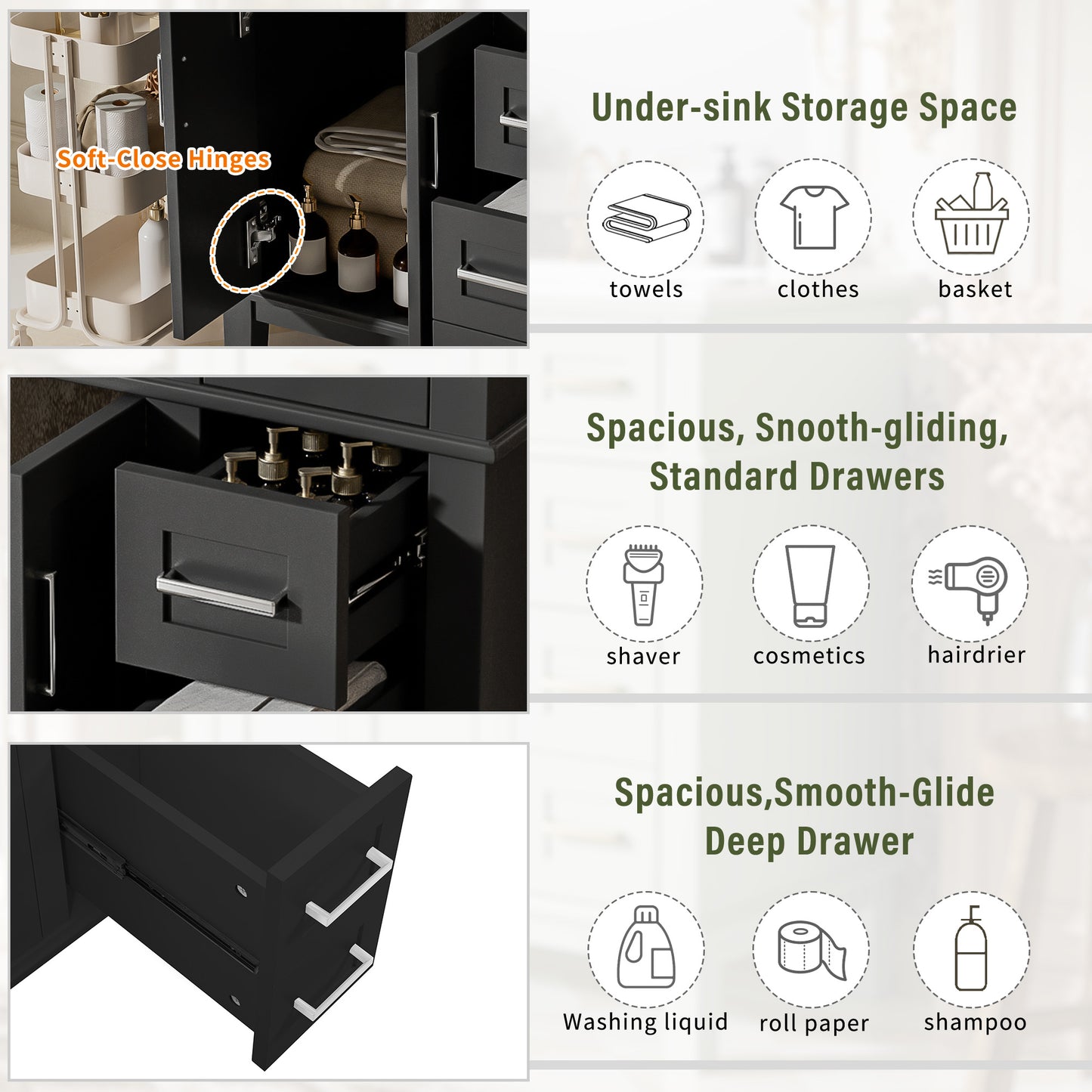 30" Black Bathroom Vanity with Ceramic Sink & Soft-Close Doors