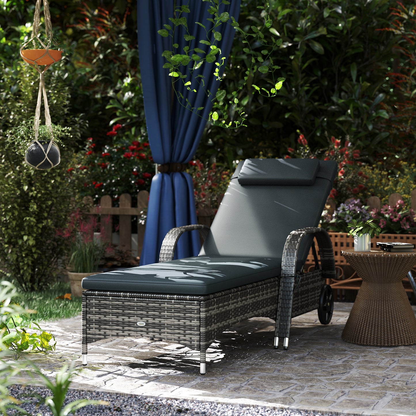 Adjustable Outdoor Chaise Lounge Chair with Wheels & Cushion