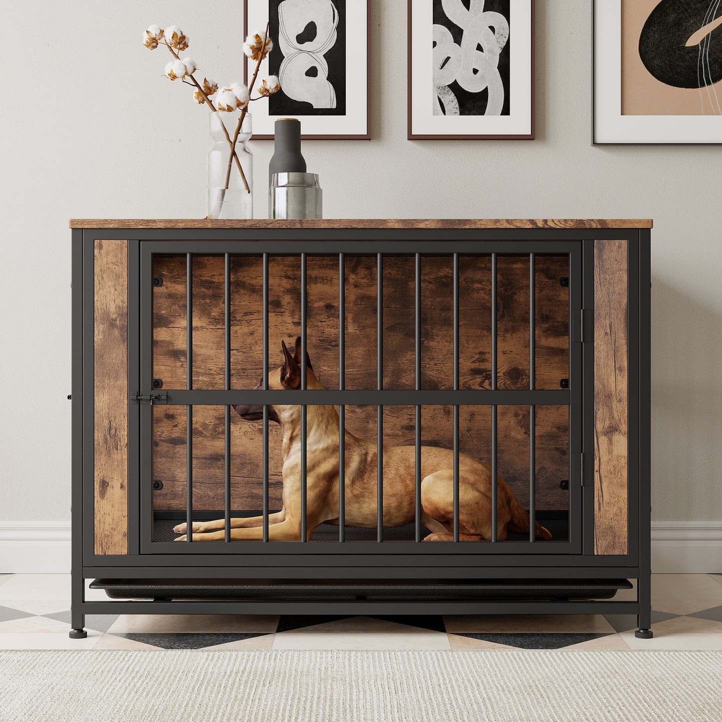 Wooden Dog Crate Table with Sliding Doors - Large Dog Kennel