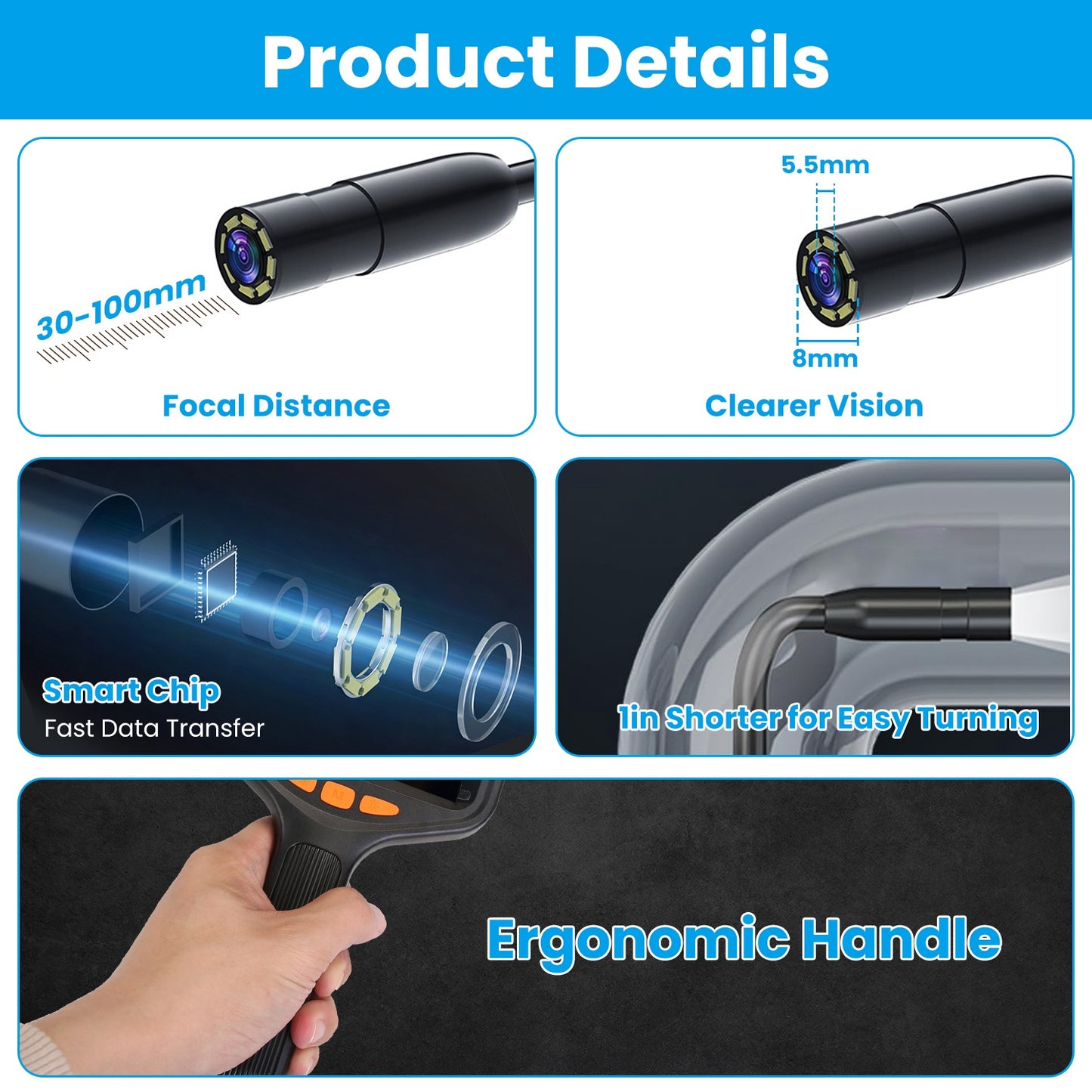 HD Inspection Camera with Light 4.3in Screen 16.4ft Waterproof Borescope for Plumbing & Automotive