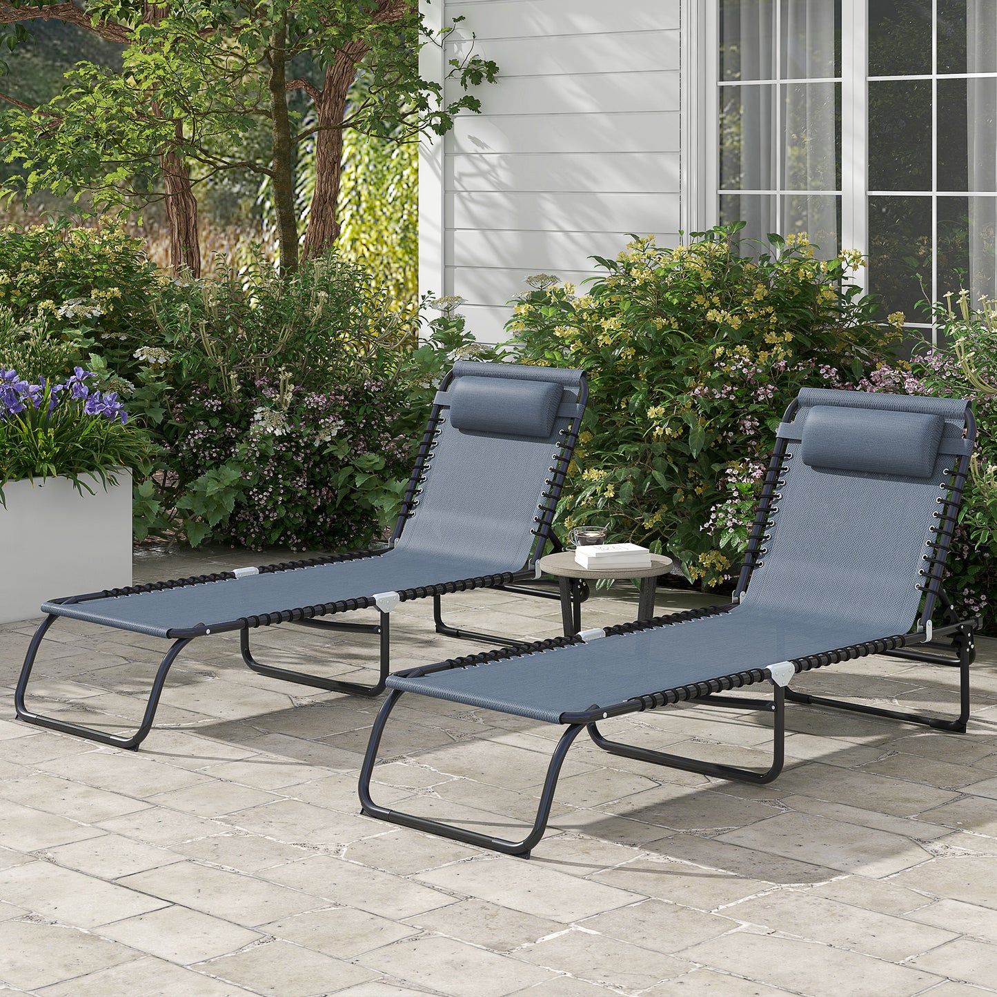 Folding Chaise Lounge Chairs - Set of 2 with 4-Position Recline, Gray
