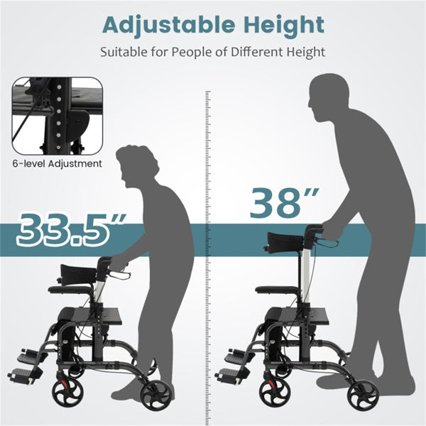 2-in-1 Rollator Walker and Wheelchair - 300lbs Capacity, Adjustable Handles, Black
