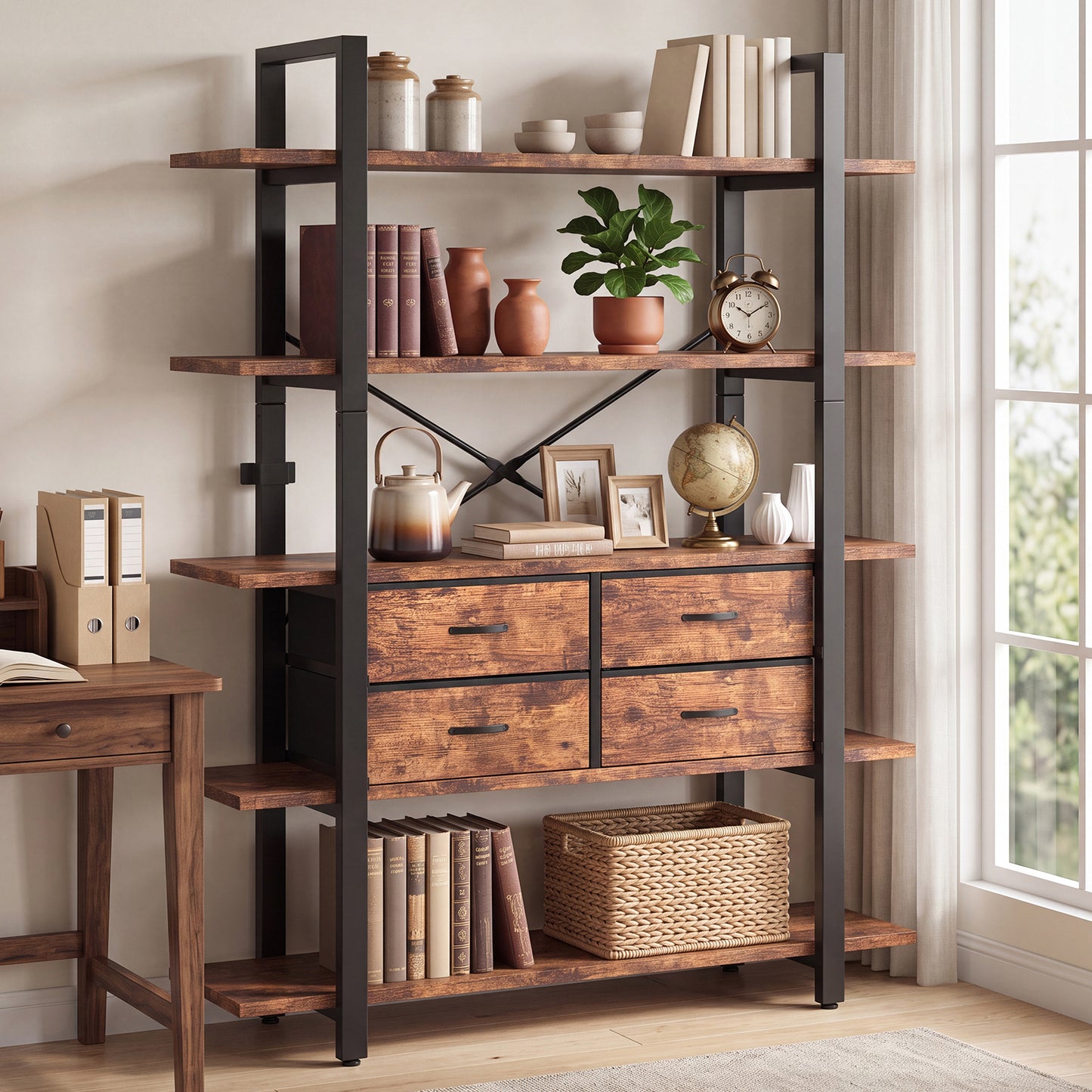 Industrial 5-Tier Bookshelf with 4 Drawers - Rustic Brown