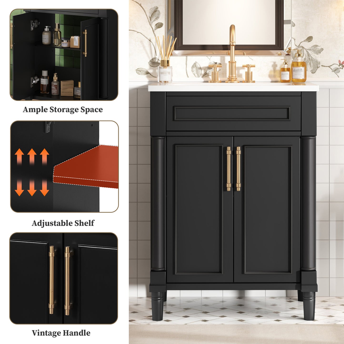 24 Bathroom Vanity With Integrated Ceramic Sink, Cabinet 2 Doors,