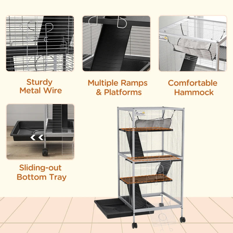 Rolling Small Animal Cage with Hammock for Ferrets, Chinchillas, Kittens - White